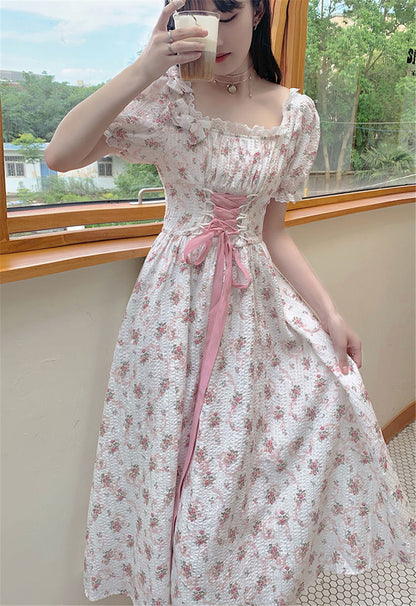 BerryBetty - Elegant Floral Dress Women Lace Up Korean Princess Fairy Dress
