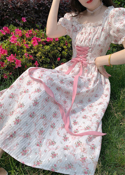 BerryBetty - Elegant Floral Dress Women Lace Up Korean Princess Fairy Dress
