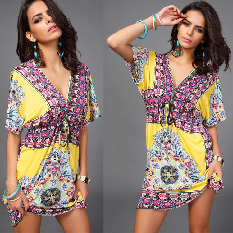 BerryBetty - Boho Style Summer Women Dress Sexy Sundresses Deep V Ethnic Floral Print Tunic Beach Dresses