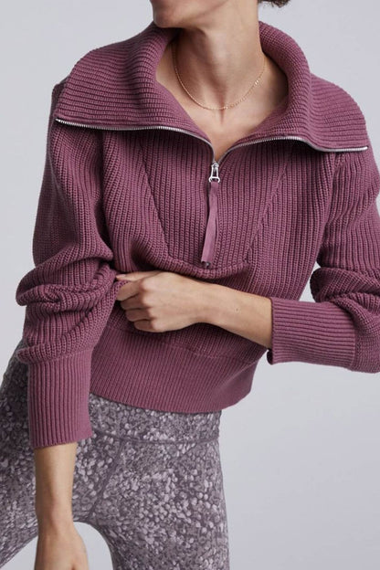 BerryBetty - Solid Lapel Zipper Sweater