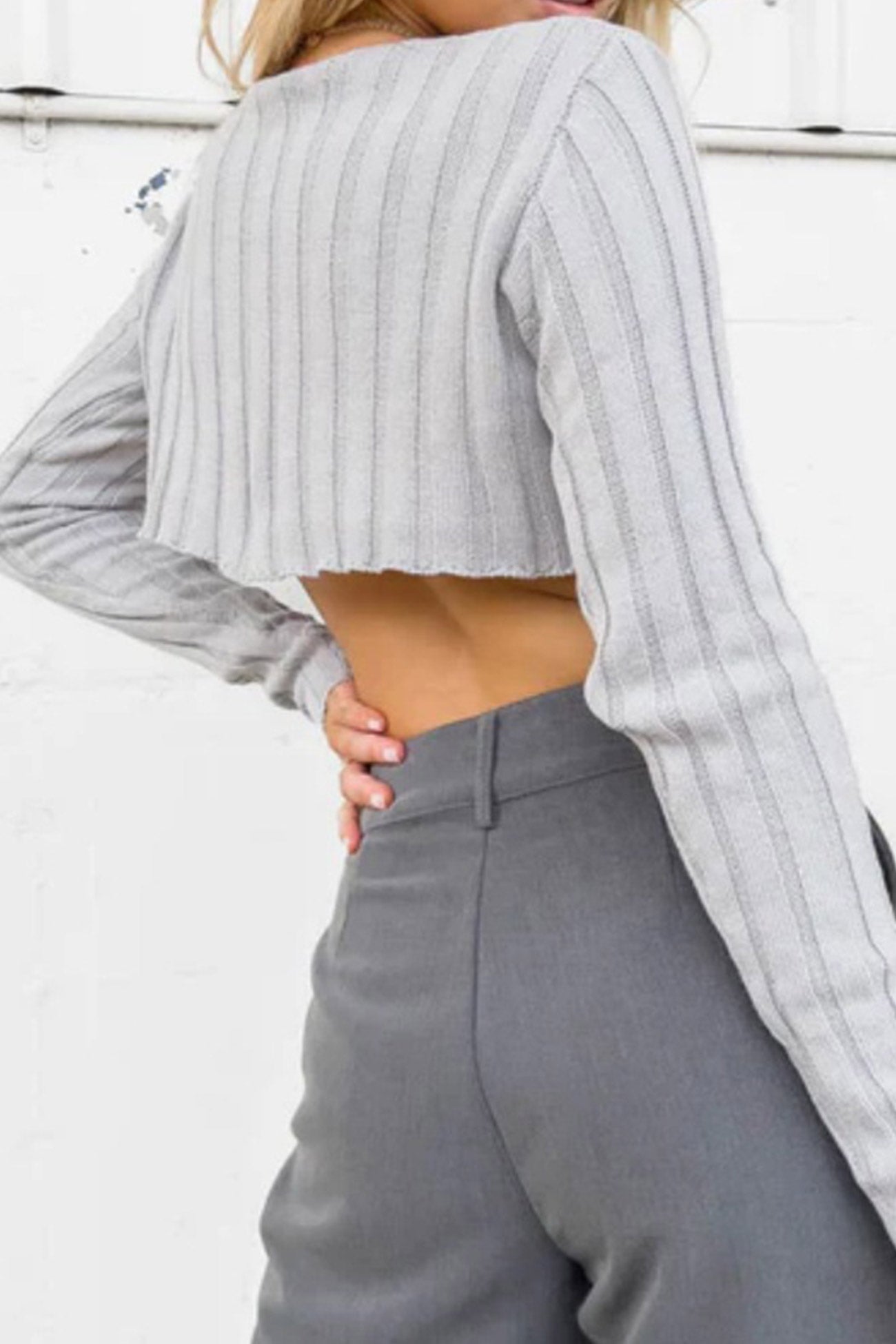 BerryBetty - Solid Ribbed Crew Neck Cropped Sweater