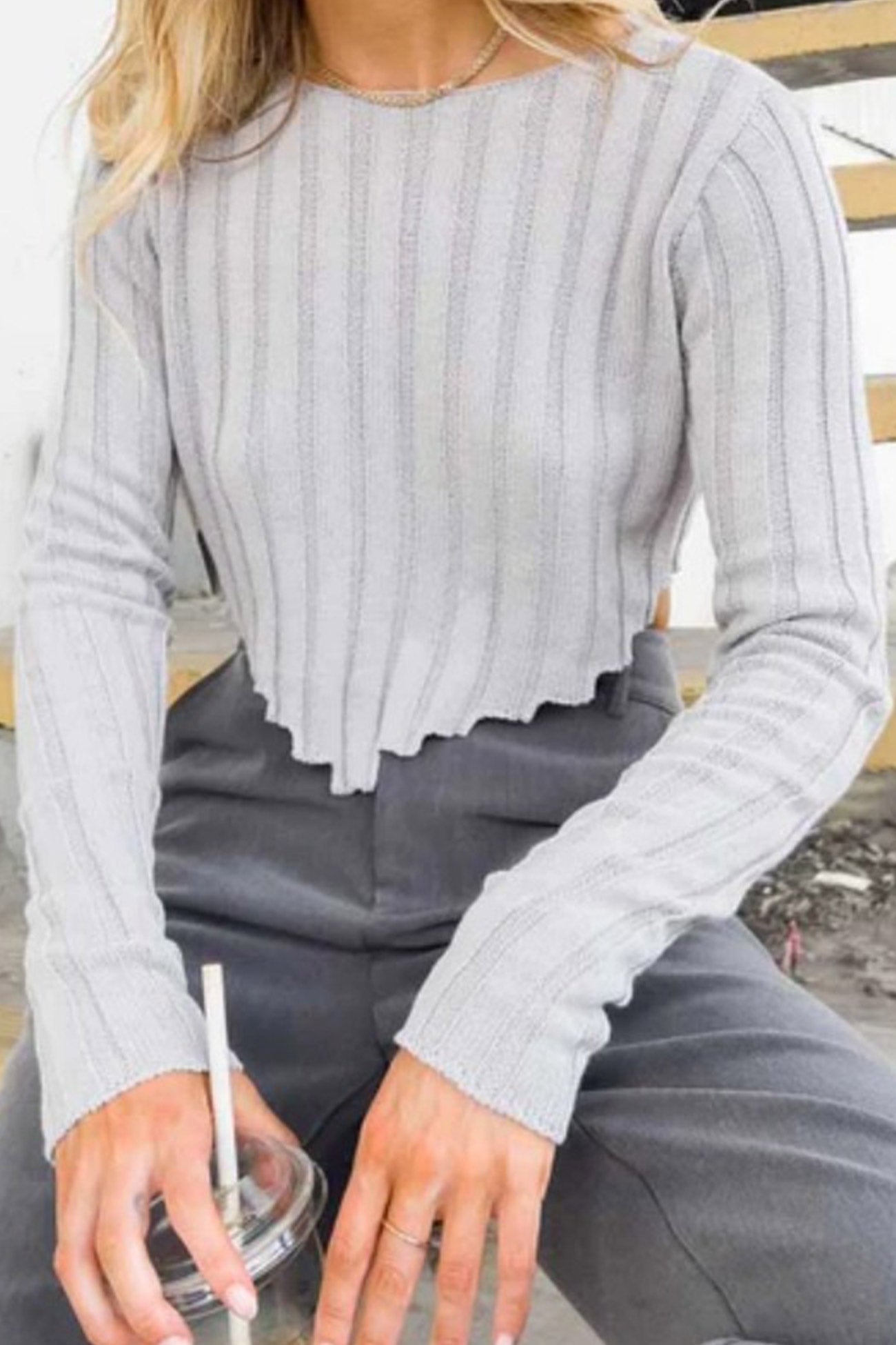 BerryBetty - Solid Ribbed Crew Neck Cropped Sweater