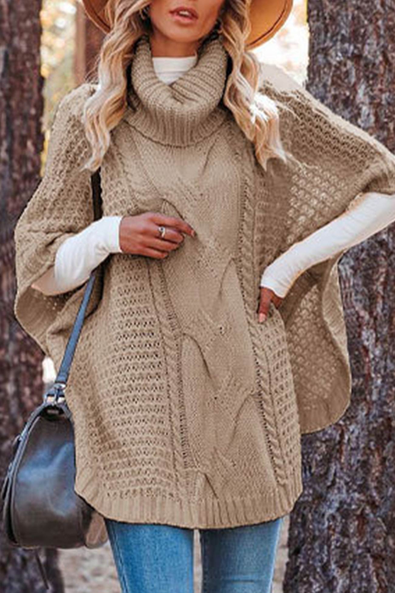 BerryBetty - Turtleneck Cable Knit Shawl Sweater