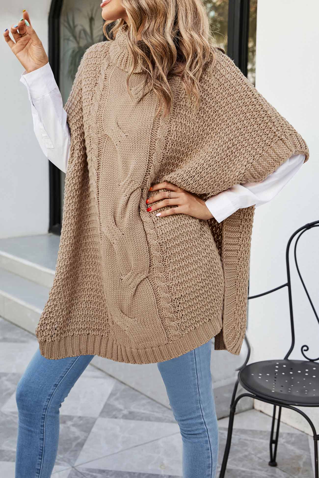 BerryBetty - Turtleneck Cable Knit Shawl Sweater