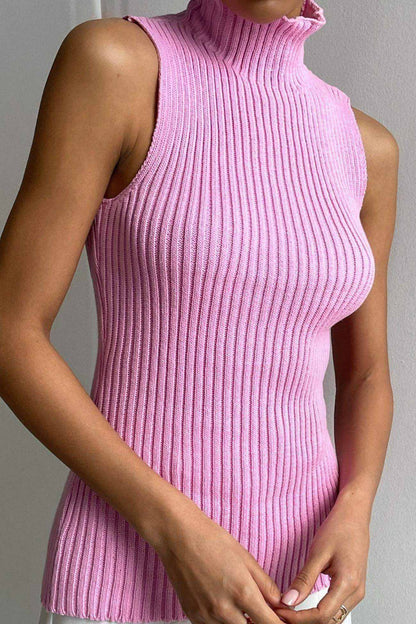 BerryBetty - Turtleneck Sleeveless Ribbed Knit Sweater