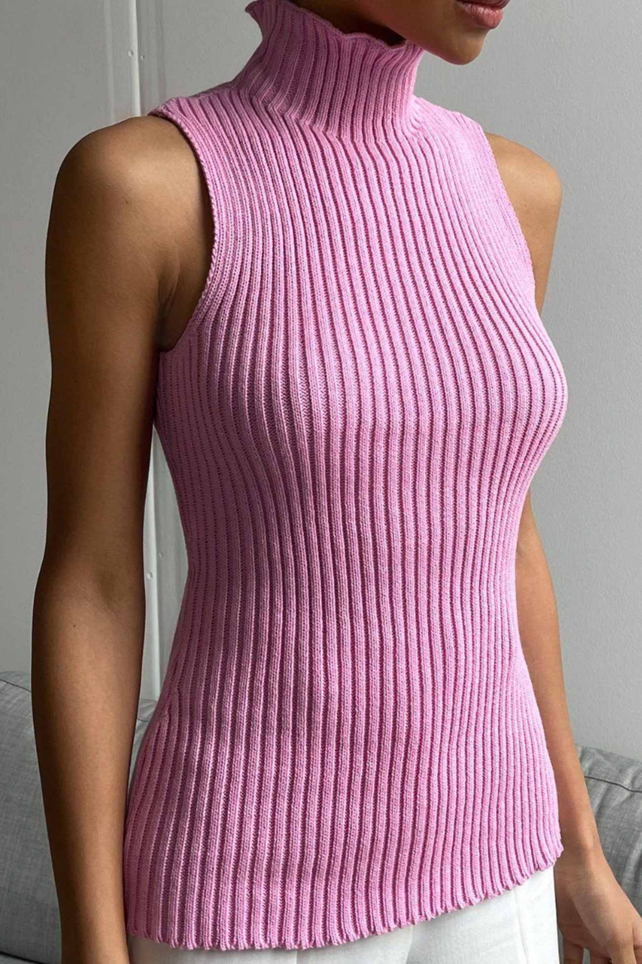 BerryBetty - Turtleneck Sleeveless Ribbed Knit Sweater