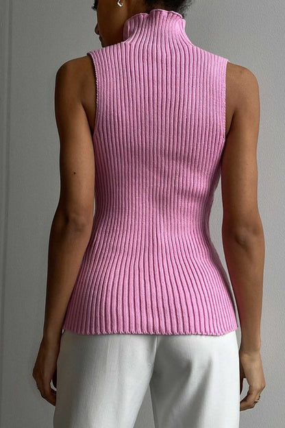 BerryBetty - Turtleneck Sleeveless Ribbed Knit Sweater