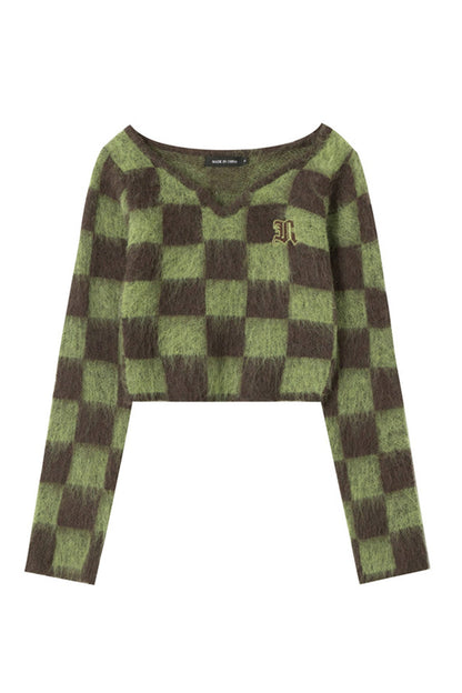 BerryBetty - V Neck Mohair Checkerboard Sweater