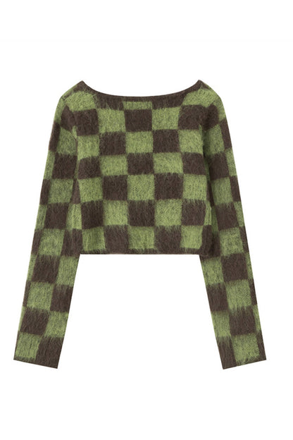 BerryBetty - V Neck Mohair Checkerboard Sweater