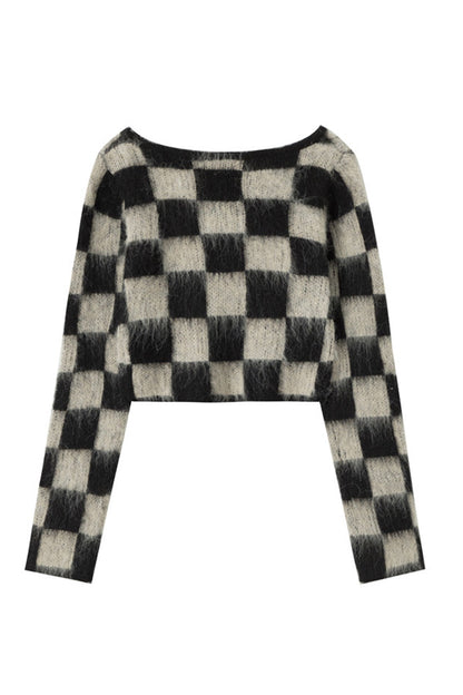 BerryBetty - V Neck Mohair Checkerboard Sweater