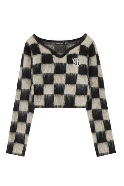 BerryBetty - V Neck Mohair Checkerboard Sweater