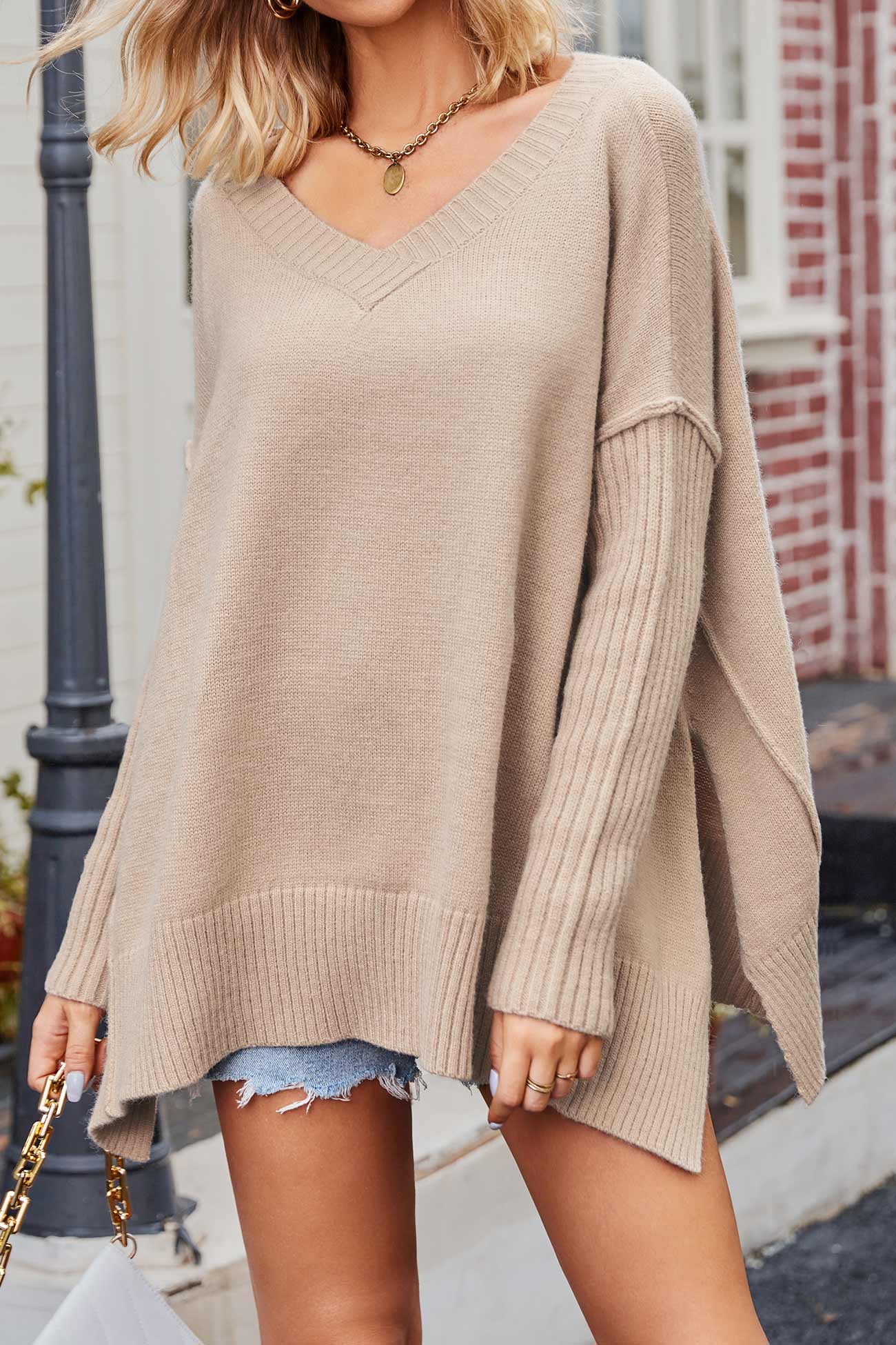 BerryBetty - V Neck Side Slit Loose Pullover Sweater