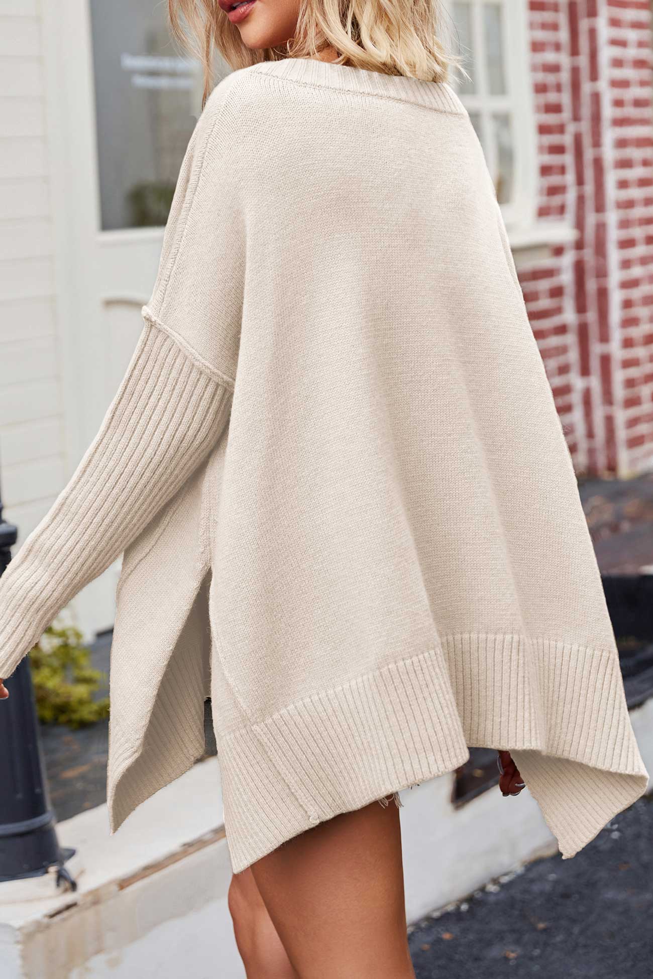 BerryBetty - V Neck Side Slit Loose Pullover Sweater