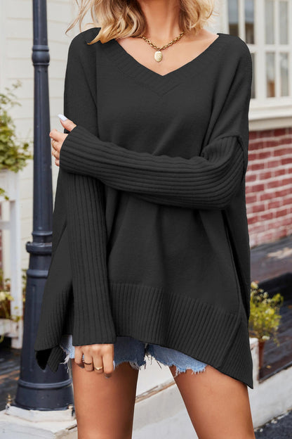 BerryBetty - V Neck Side Slit Loose Pullover Sweater