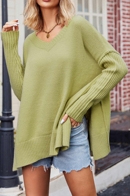 BerryBetty - V Neck Side Slit Loose Pullover Sweater