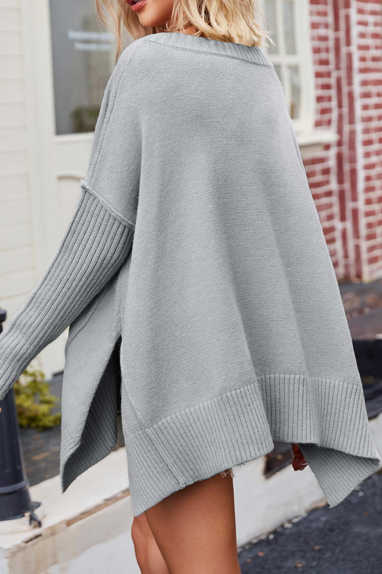 BerryBetty - V Neck Side Slit Loose Pullover Sweater