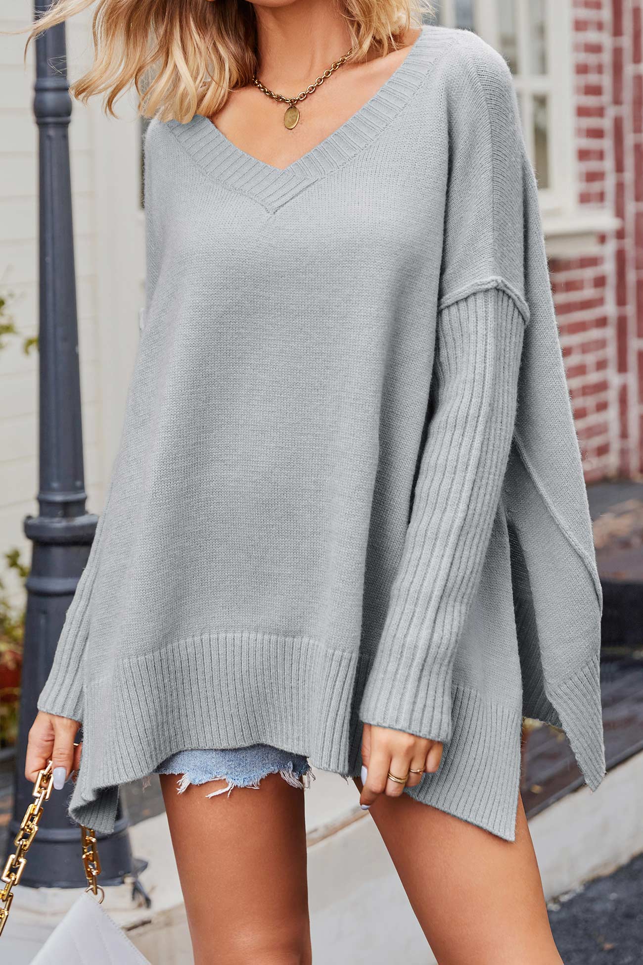 BerryBetty - V Neck Side Slit Loose Pullover Sweater