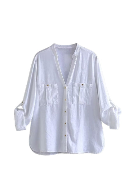 BerryBetty - V-neck Pocket Roll-up Sleeve Button-Up Blouse