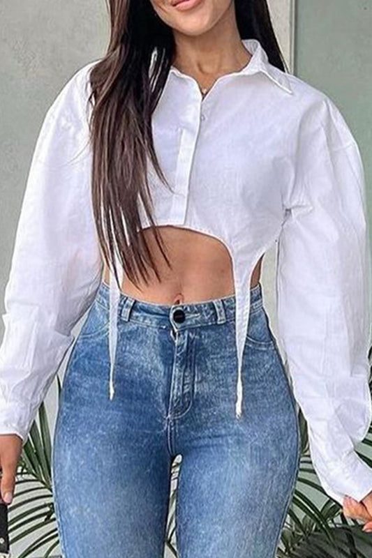 BerryBetty - White Irregular Cropped Shirt