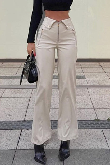 BerryBetty - Zipper Front Solid Color Straight Leather Pants