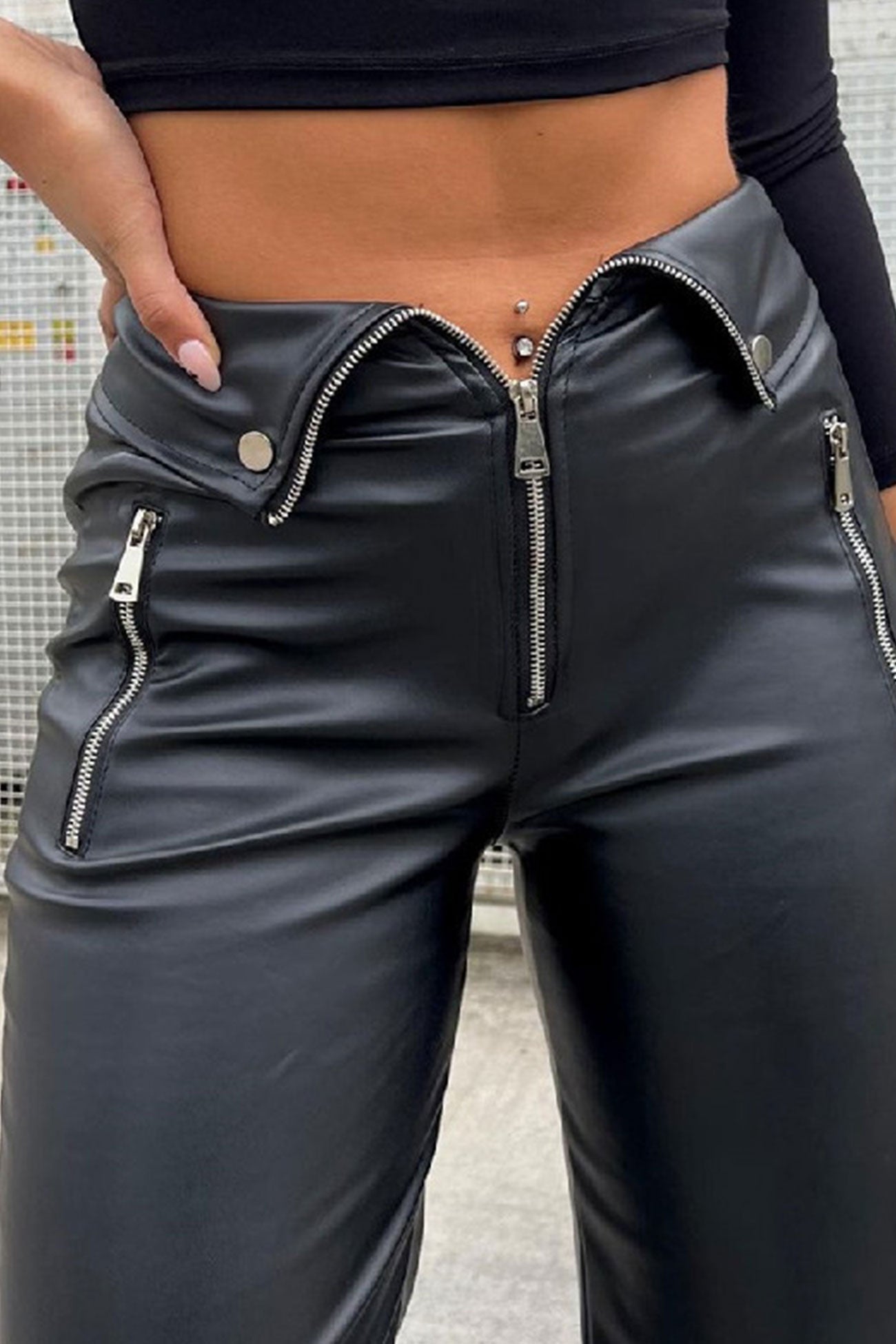 BerryBetty - Zipper Front Solid Color Straight Leather Pants