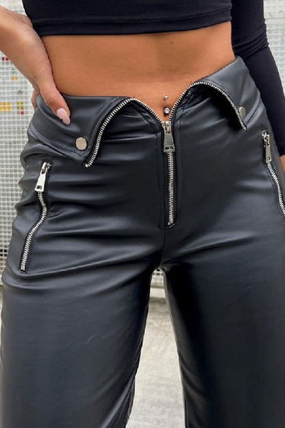 BerryBetty - Zipper Front Solid Color Straight Leather Pants