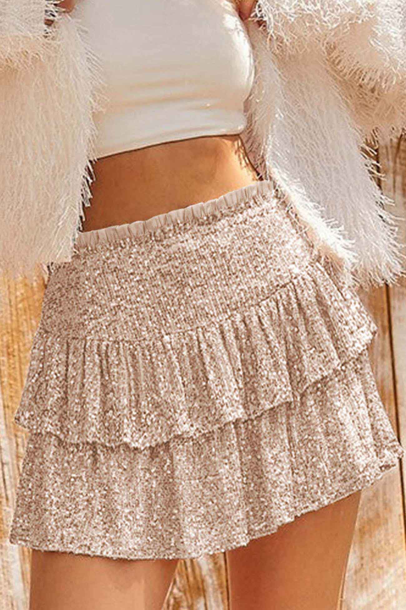 BerryBetty - Solid Sequined Pleated Tiered Mini Skirt