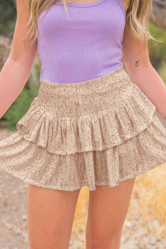 BerryBetty - Solid Sequined Pleated Tiered Mini Skirt