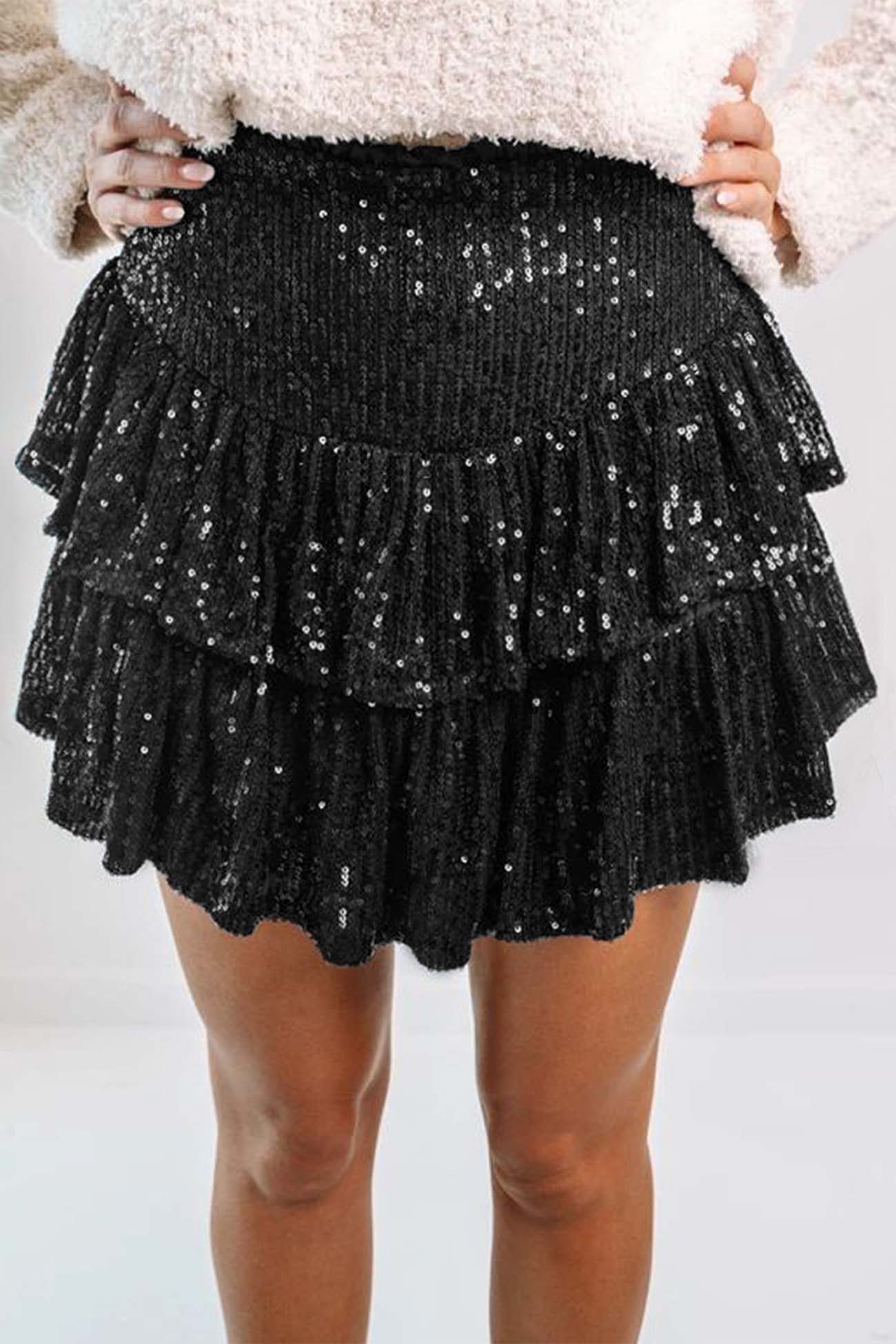 BerryBetty - Solid Sequined Pleated Tiered Mini Skirt