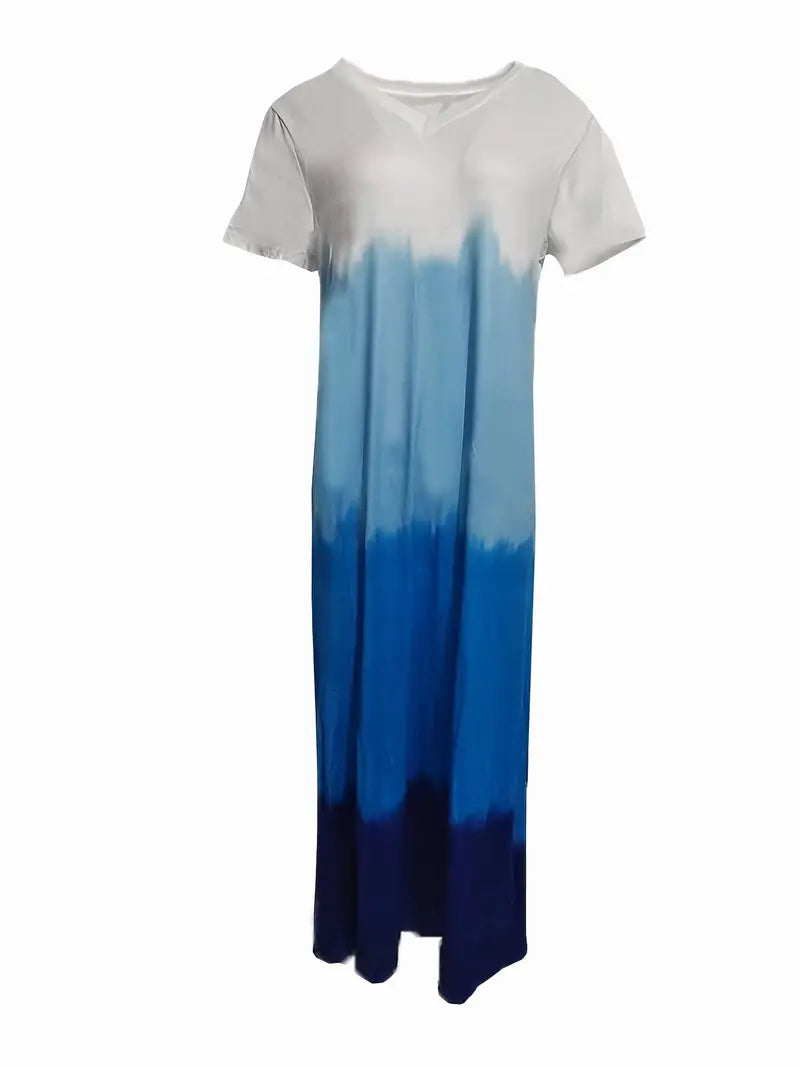 BerryBetty - Gradient Color Side Split V Neck Short Sleeve Maxi Beach Dress