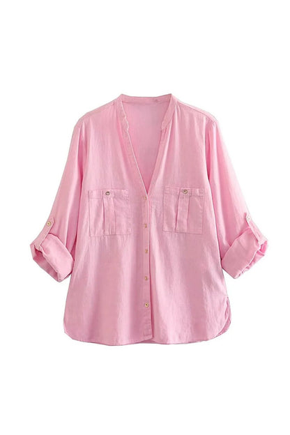 BerryBetty - V-neck Pocket Roll-up Sleeve Button-Up Blouse