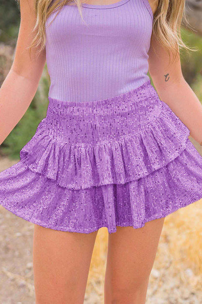 BerryBetty - Solid Sequined Pleated Tiered Mini Skirt