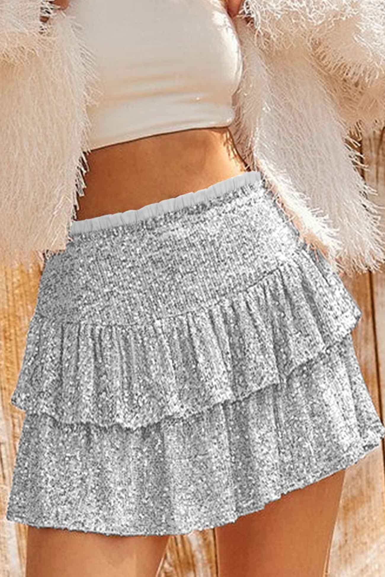 BerryBetty - Solid Sequined Pleated Tiered Mini Skirt