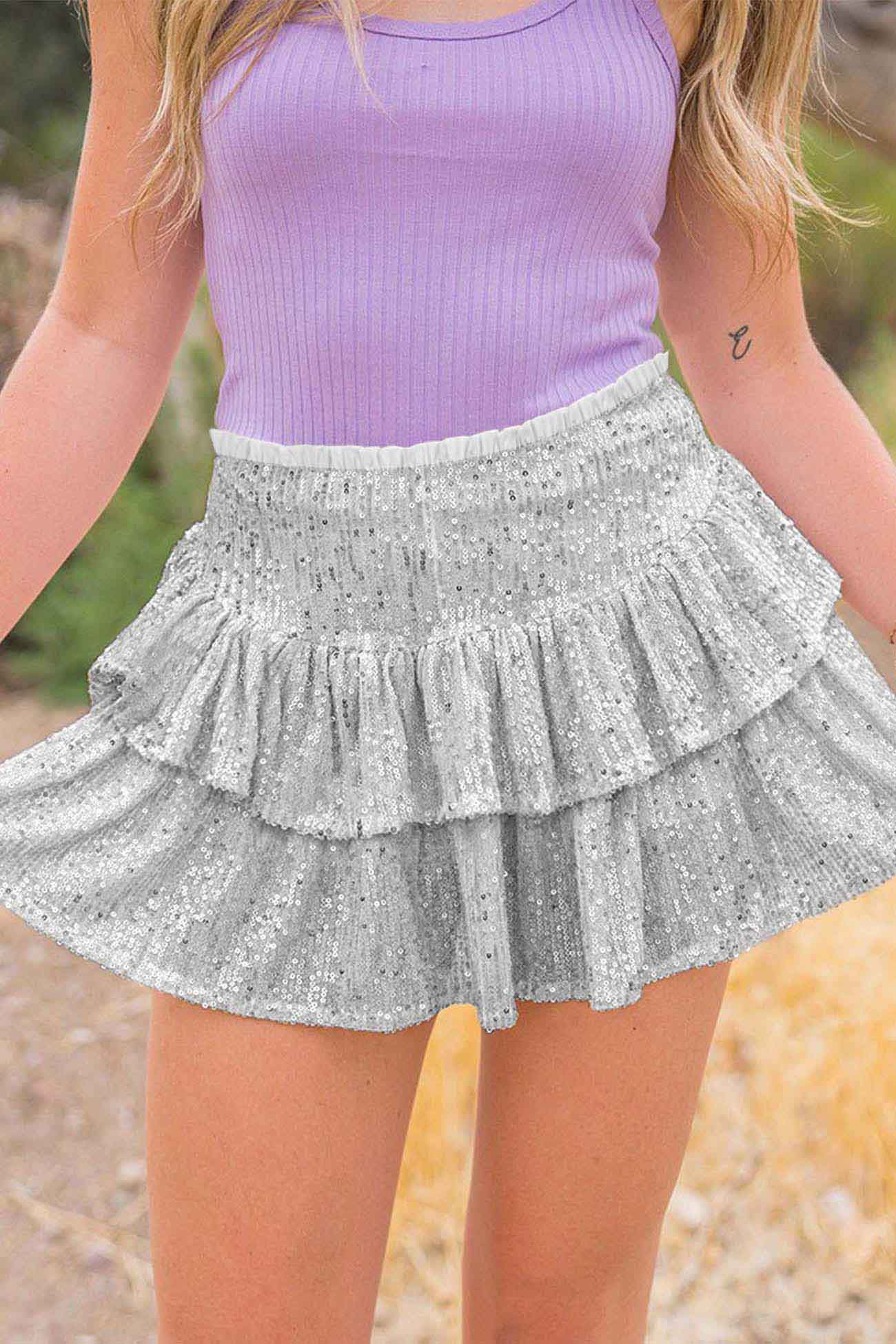 BerryBetty - Solid Sequined Pleated Tiered Mini Skirt