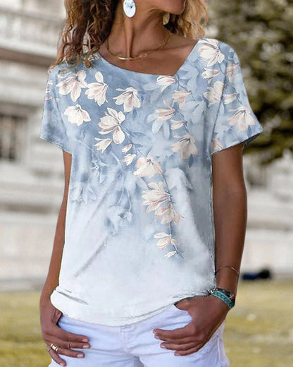 V-neck T shirt with Floral Print Blue 23BF clothes Short Sleeve Tops T-shirts Tops/Blouses