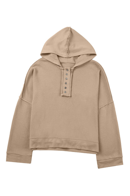 BerryBetty - Khaki Casual Button Solid Patchwork Trim Hoodie