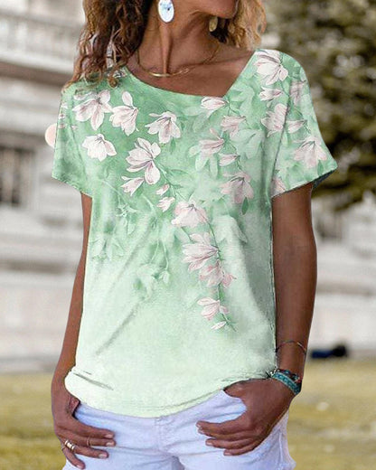 V-neck T shirt with Floral Print Green 23BF clothes Short Sleeve Tops T-shirts Tops/Blouses