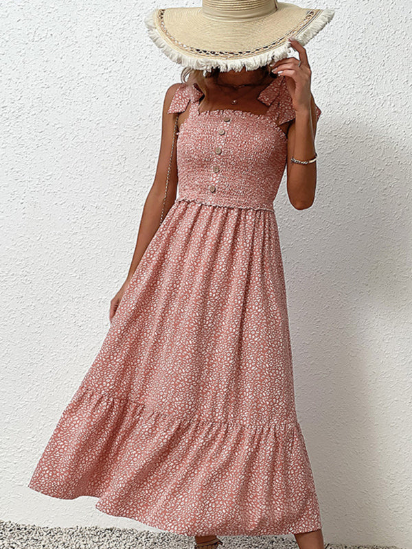 BerryBetty - Pink Floral Dress Tie Ruffle Slip Dress