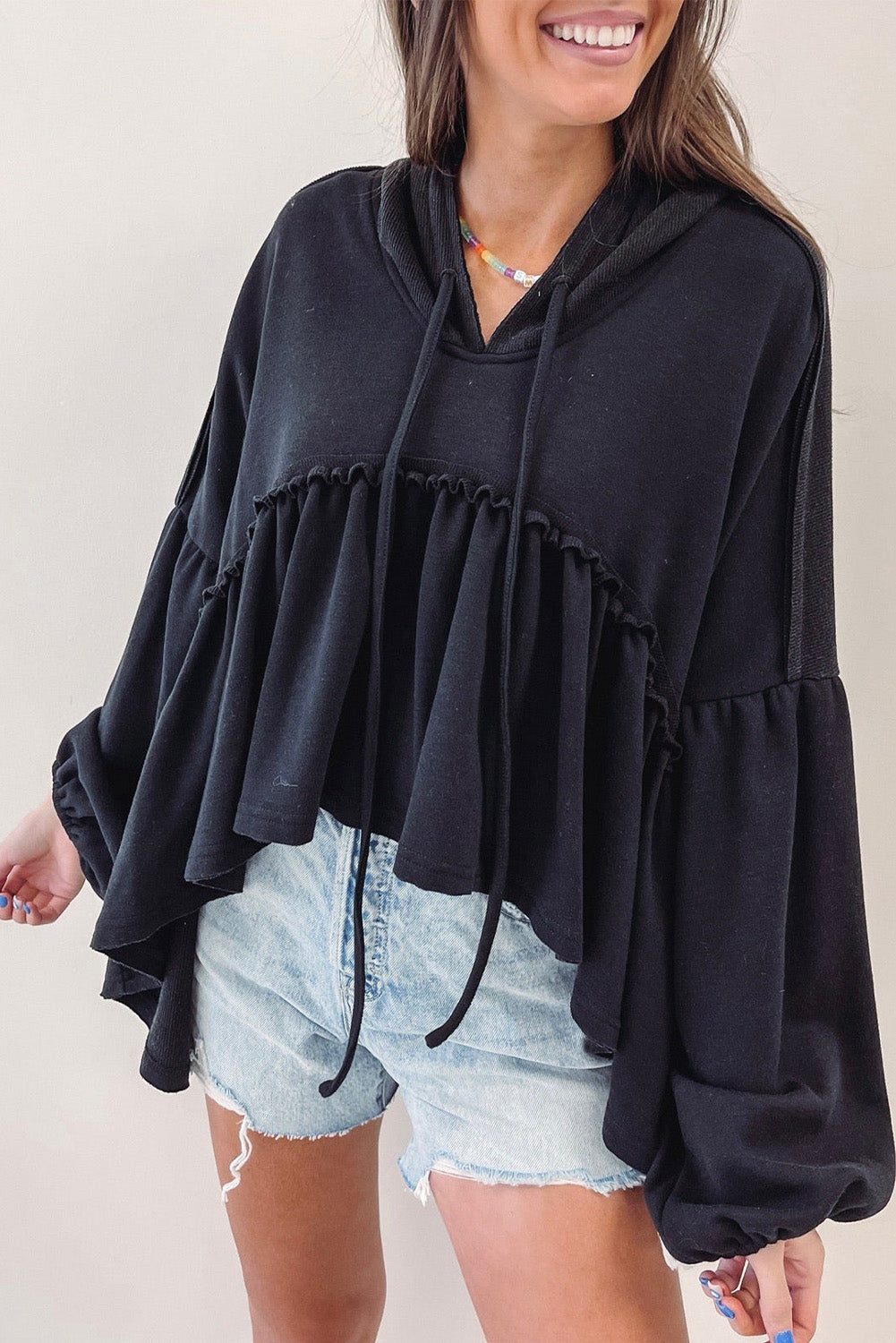 BerryBetty - Black Oversized Ruffled High Low Hem Drop Shoulder Hoodie