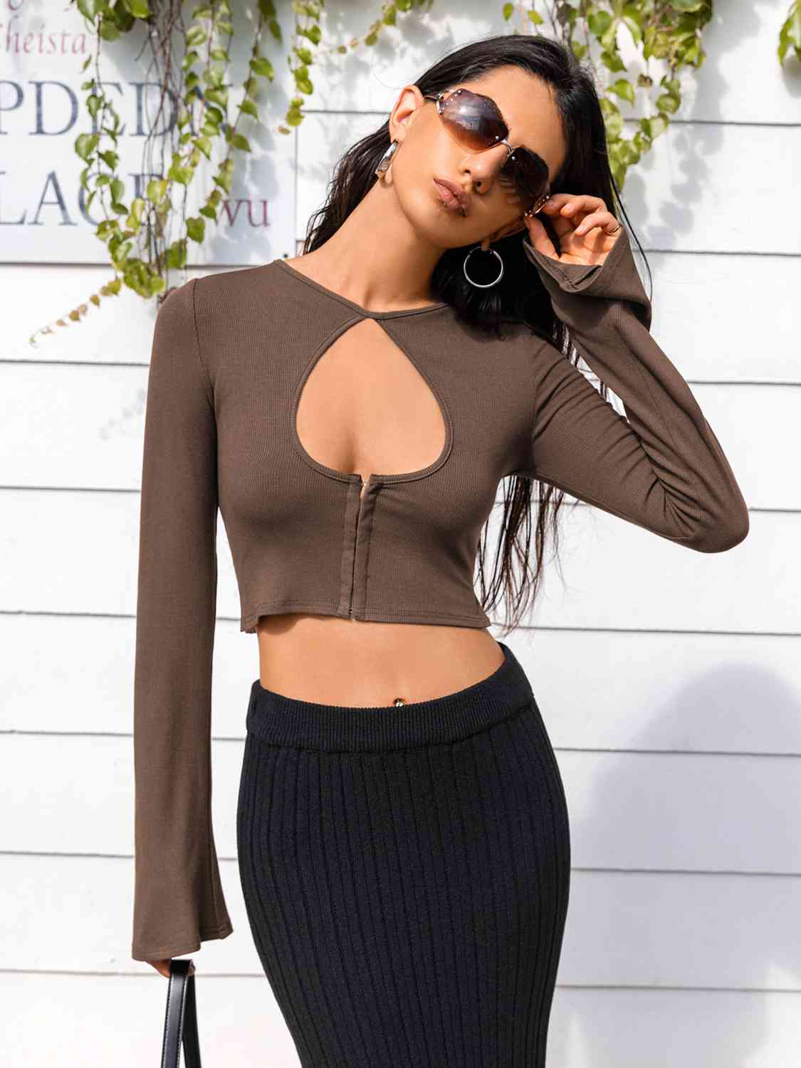 Lone Sleeve Cutout Zip Up Crop Top Coffee Brown B@H@S@D brown tops clothes crop top crop tops cropped cropped top croptop long sleeve shirt long sleeve shirts long sleeve top long sleeve tops long sleeves Ship From Overseas shirts tops