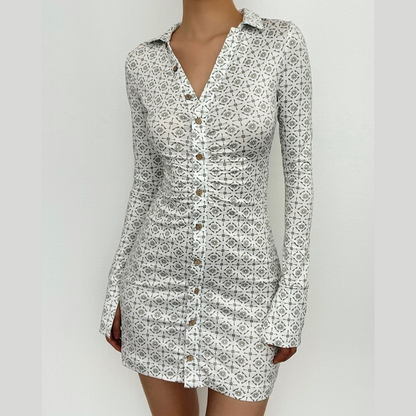 BerryBetty - Turnover collar print button long sleeve mini dress