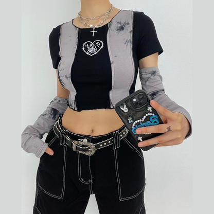 BerryBetty - Contrast tie dye gloves ruffle drawstring short sleeve crop top