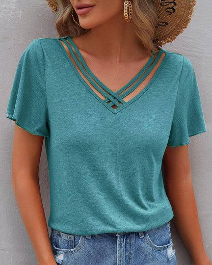 Solid color Cut Out T-shirt Cyan 23BF clothes Short Sleeve Tops Summer T-shirts Tops/Blouses