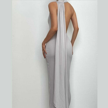 BerryBetty - Ruched slit halter ribbed backless cowl neck solid maxi dress