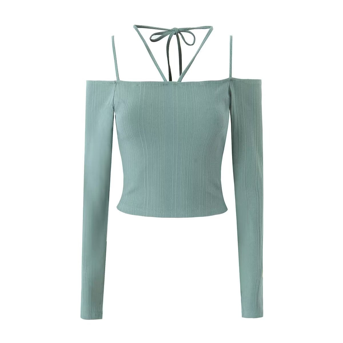 Autumn Two Color off Neck Long Sleeve Knitted T shirt Slim Fit Crop Top Green Beans blouses clothes long sleeve tops off the shoulder shirt shirt shirts top tops