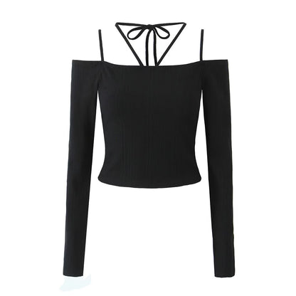 Autumn Two Color off Neck Long Sleeve Knitted T shirt Slim Fit Crop Top Black blouses clothes long sleeve tops off the shoulder shirt shirt shirts top tops