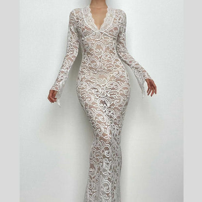 BerryBetty - Lace see through long sleeve v neck solid maxi dress