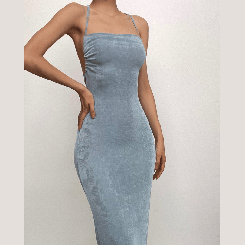 BerryBetty - Halter ruched backless lace up solid self tie maxi dress