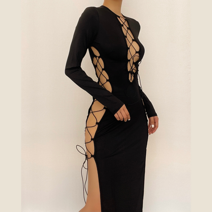 BerryBetty - Long sleeve solid hollow out slit self tie lace up midi dress