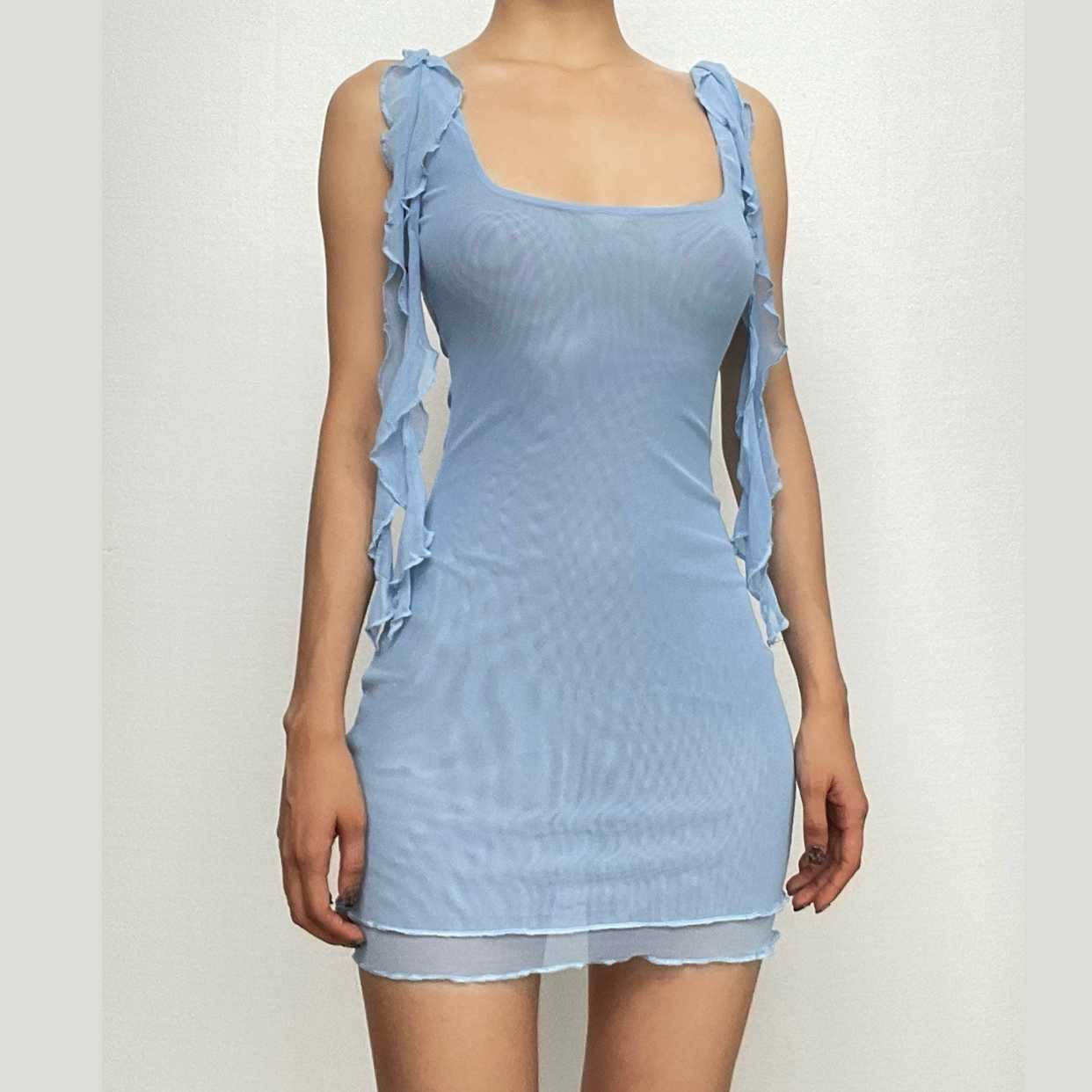 BerryBetty - Square neck sheer mesh backless ruffle ribbon solid mini dress